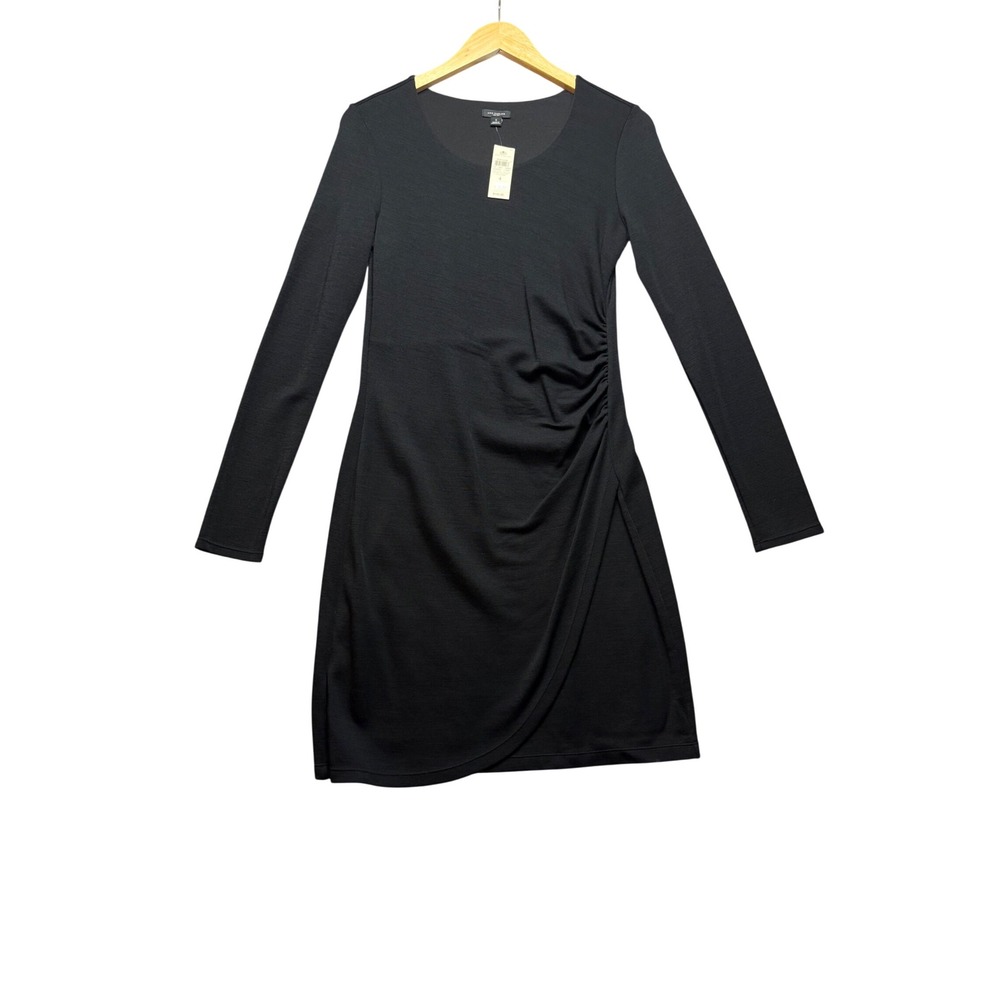 Ann Taylor Sheath Dress Women 4 Black Rayon Wool Ruched Faux Wrap Long Sleeve